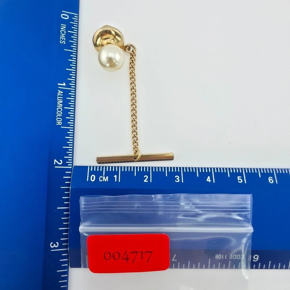 Vintage Faux Pearl Tie Tack Pin Buttonhole Barbell Chain Gold Tone FREE $HIP!!!